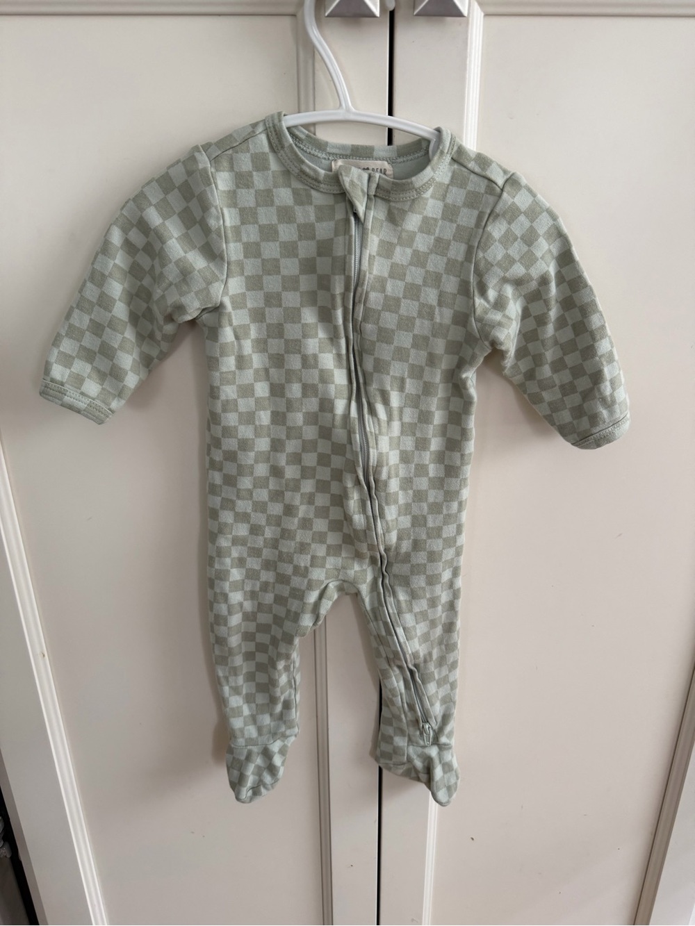 Rabbit + bear 6-9m Checker-Print Sage Green Baby One-Piece Zipper Footed